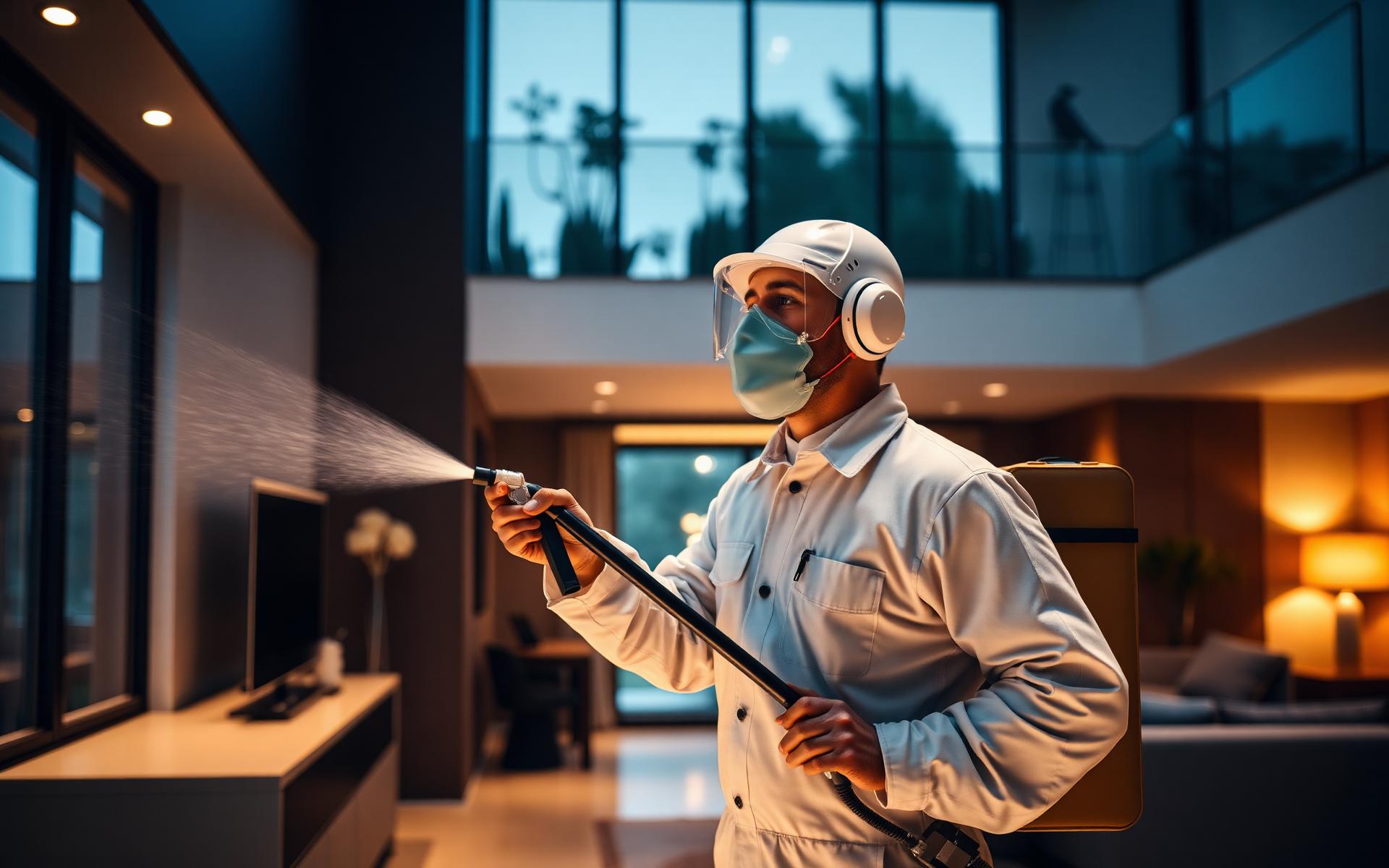 Certified Duster Pest Control technician treating a modern home